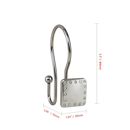 Shower Hooks - Double Shower Curtain Rings for Bathroom - Rust Resistant Shower Curtain Hooks for Shower Curtain or Liner - Shower Curtain Rings with Crystal Design - Set of 12, Brushed Nickel - color: Brushed Nickel