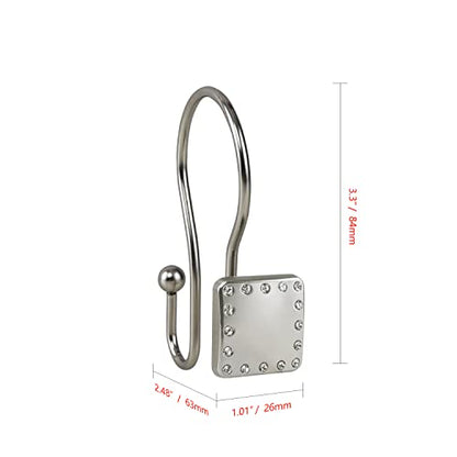 Shower Hooks - Double Shower Curtain Rings for Bathroom - Rust Resistant Shower Curtain Hooks for Shower Curtain or Liner - Shower Curtain Rings with Crystal Design - Set of 12, Brushed Nickel - color: Brushed Nickel
