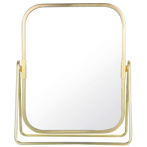 Vanity Makeup Mirror with Stand Double-Sided Swivel Tabletop Mirror for Makeup Desk Bathroom Countertop Dressing Table Bedroom Dresser Golden Metal Frame 7.87 * 6.1 * 2.71inch