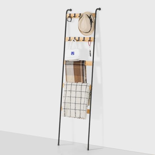 Bamboo Ladder Blanket Rack, 5-Tier Towel Racks with 10 Removable Hooks | Blanket Storage for Living Room, Wall Leaning Quilt Hanger for Wall for display, Rustic Farmhouse Decor, Easy Assembly - color: Wood Color