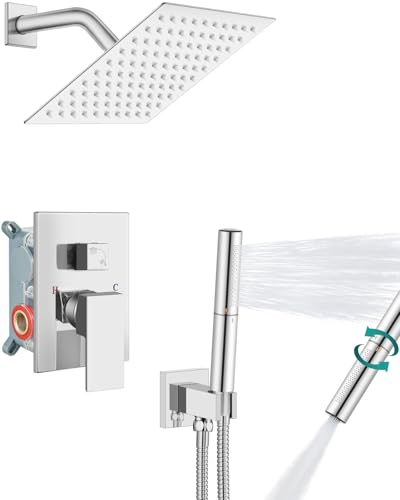 Aolemi Shower System with Rain Head and Handheld,8-Inch,Polish Chrome | High-Pressure Shower Faucet Set with Dual-Function Handheld,Rough-In Valve,1.8 GPM,Wall-Mount Trim Kit - color: Polish Chrome, size: 8 Inch