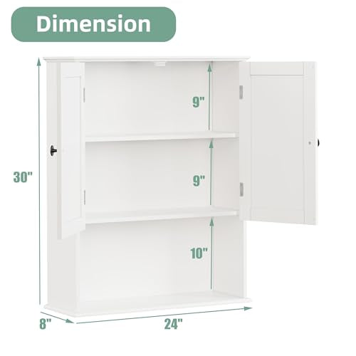 Bathroom Wall Cabinet, 30" x 24" White Painted Finish Wooden Wall Mounted Medicine Cabinet with 3 Level Adjustable Shelf, Over the Toilet Storage Cabinet, Wall Storage Cabinet for Bathroom - size: 24"L x 8"W x 30"H