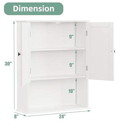 Bathroom Wall Cabinet, 30" x 24" White Painted Finish Wooden Wall Mounted Medicine Cabinet with 3 Level Adjustable Shelf, Over the Toilet Storage Cabinet, Wall Storage Cabinet for Bathroom - size: 24"L x 8"W x 30"H