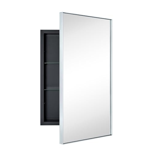 TEHOME Recessed Mount 16x26'' Squared Rectangle Silver Bathroom Medicine Cabinet with Mirror Silver Metal Framed Rectanglular Medicine Cabinet 2 Adjustable Glass Shelves - color: Sliver