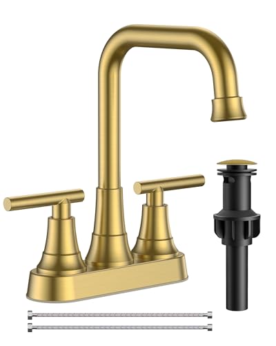 FORIOUS Brushed Gold Centerset Bathroom Faucet 2 Hole, Gold Vanity Faucet | 4 Inch Bathroom Sink Faucet Gold 2 Hole with Drain Set, ADA Compliant Rv Centerset Sink Faucet for Bathroom 4”, Powder Room - color: Gold