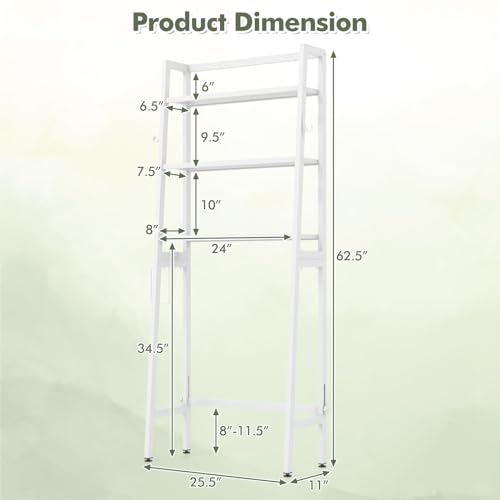 Giantex Over The Toilet Storage, 3-Tier Freestanding Bathroom Space Saver with 2 Hooks, Toilet Paper Holder & Adjustable Bottom Bar, Metal Over Toilet Bathroom Organizer for Restroom, Laundry (White) - color: White