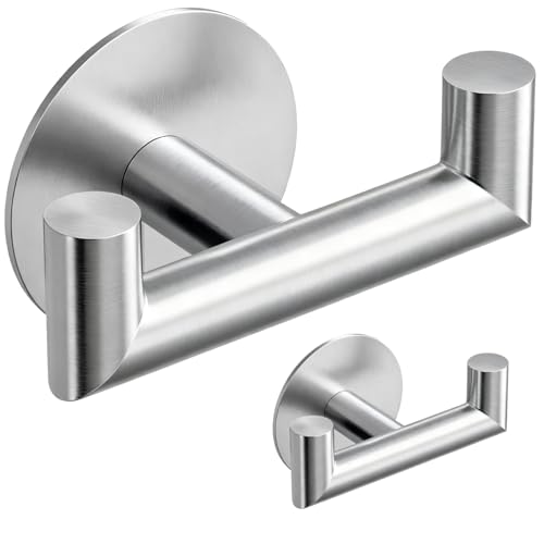 2 Pack Brushed Nickel Bathroom Hooks for Towels, Robes, Coats, Shower Use | Self-Adhesive, Stainless Steel, Rust Resistant, Double hooks, Easy Install, Space Saving - color: Silver