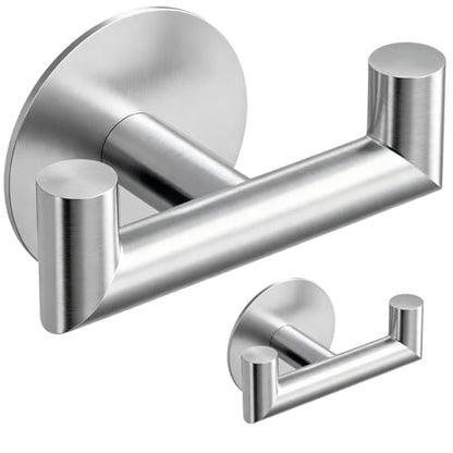 2 Pack Brushed Nickel Bathroom Hooks for Towels, Robes, Coats, Shower Use | Self-Adhesive, Stainless Steel, Rust Resistant, Double hooks, Easy Install, Space Saving - color: Silver