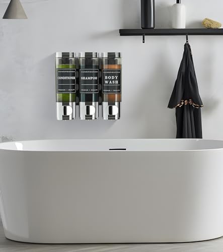 Shower Soap Dispenser Wall Mounted No Drill Shampoo Dispenser for Shower Wall Shampoo and Conditioner Dispenser Bathroom Hotel 3 * 300ml Chrome with Labels - color: Chrome