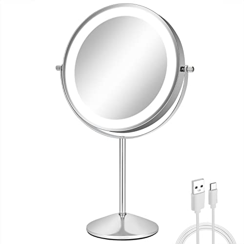 8" Lighted Makeup Mirror, 1X/10X Magnifying Vanity Mirror, Tabletop | No Distortion, 3 Color Adjustable Brightness, 360° Rotating, Rechargeable, Cordless Design, Tabletop Vanity, Shaving - size: 13.7"L x 9.1"W