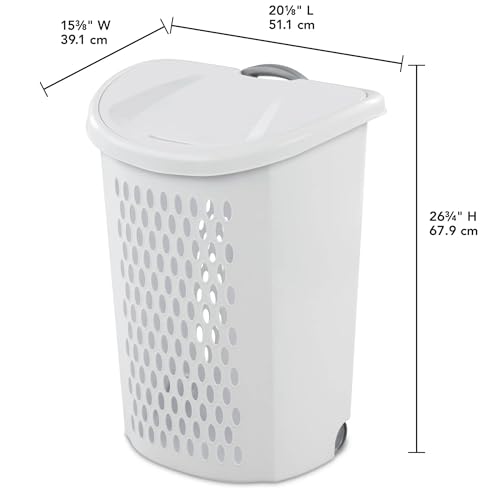 Plastic Laundry Hamper, Adult-Sized White Clothes Basket with Wheels, Large White Plastic Clothes Basket for Home, Dorm or Laundry Room