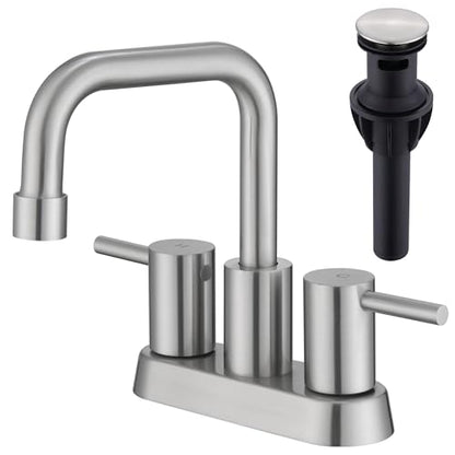 Brushed Nickel Bathroom Sink Faucet 2 Handle, 2 or 3 Hole 4 Inch Centerset Stainless Steel Bathroom Faucets with Pop up Drain, Vanity Faucet for Bathroom, Restroom, Rv, AML-21751-BN - color: Brushed Nickel