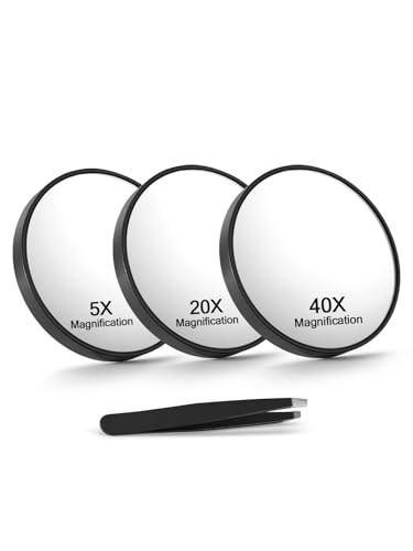 Macaki 5X/20X/40X Magnifying Mirror with Suction Cups and Tweezers Set, 3.5 inches Travel Magnified Makeup Mirror, Black, 3PCS - color: Black-5x&20x&40x