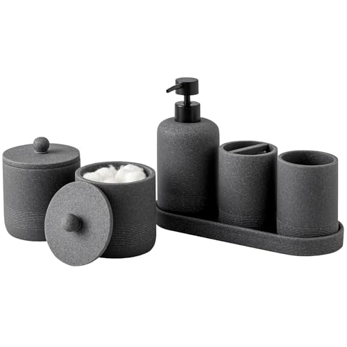 Bathroom Accessories Set, 6 PCS Bathroom Accessorry Set, Grey | Minimalist, Modern, with 15 OZ Soap Dispenser, Toothbrush Holder, Tray, Tumbler, 2 PCS Qtip Holders for Countertop Sink - color: Grey