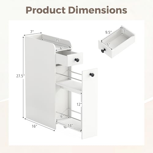 COSTWAY Slim Bathroom Cabinet, Freestanding Narrow Organizer, White | 7" Wide Space-Saving Storage with 2-Tier Slide-Out Drawer, Shelf & Toilet Paper Holder, for Bathroom, Laundry & Small Spaces - color: White