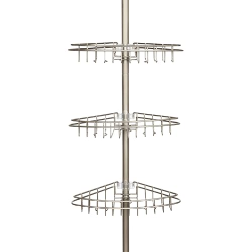 Kenney KN61520 Adjustable Height (5'-9') Spring Tension Metal Corner Pole Shower Caddy with 3 Adjustable Rust-Proof Basket Shelves, Towel Bars, and Razor Holders for Bathroom Shower, Satin Nickel