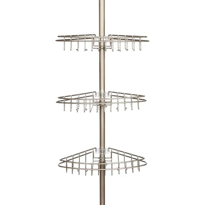 Kenney KN61520 Adjustable Height (5'-9') Spring Tension Metal Corner Pole Shower Caddy with 3 Adjustable Rust-Proof Basket Shelves, Towel Bars, and Razor Holders for Bathroom Shower, Satin Nickel