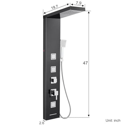 5-in-1 LED Shower Panel Tower System Stainless Steel Black | Rainfall + waterfall heads | 3 massage jets | Handheld shower | Tub spout | LED lights | Wall mount - color: Black