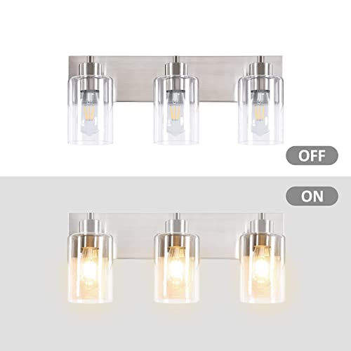 3-Light Bathroom Vanity Light Fixtures,Modern Wall Sconces,Bathroom Lights Over Mirror,Wall Mounted Lamp for Kitchen Living Room Bedroom Hallway,Brushed Nickel Finish with Clear Glass Shade | Brushed Nickel Metal Frame,Up/Down Wall Mount,cylinder Glass Sh