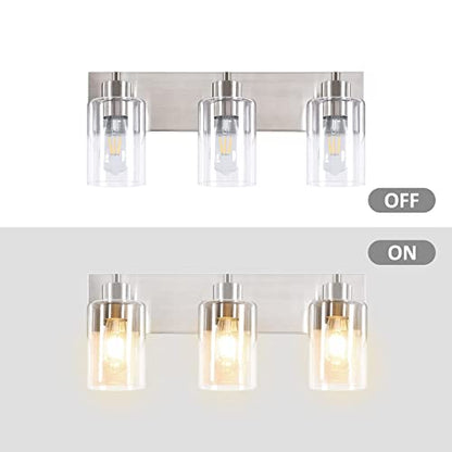 3-Light Bathroom Vanity Light Fixtures,Modern Wall Sconces,Bathroom Lights Over Mirror,Wall Mounted Lamp for Kitchen Living Room Bedroom Hallway,Brushed Nickel Finish with Clear Glass Shade | Brushed Nickel Metal Frame,Up/Down Wall Mount,cylinder Glass Sh