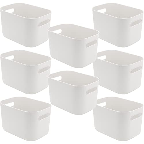 JOIKIT 8 Pack Plastic Storage Bins with Handles, 10 x 7 x 6.3 Inch Beige White Bathroom Kitchen Organizer Bin, Rectangular Plastic Vanity Storage Bins Container Under Bed Sink for Hand Soap, Towels - size: 8PCS with Handles