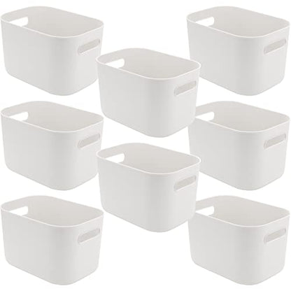 JOIKIT 8 Pack Plastic Storage Bins with Handles, 10 x 7 x 6.3 Inch Beige White Bathroom Kitchen Organizer Bin, Rectangular Plastic Vanity Storage Bins Container Under Bed Sink for Hand Soap, Towels - size: 8PCS with Handles