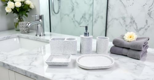 Hymmah Marble Pattern Bathroom Accessories Set, Toothbrush Holdr Set, 5 Pieces Resin Bathroom Set with Toothbrush Holder, Soap Dispenser, Soap Dish,Tumbler (Gray Granite) - color: Gray Granite