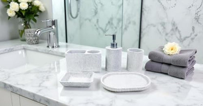 Hymmah Marble Pattern Bathroom Accessories Set, Toothbrush Holdr Set, 5 Pieces Resin Bathroom Set with Toothbrush Holder, Soap Dispenser, Soap Dish,Tumbler (Gray Granite) - color: Gray Granite