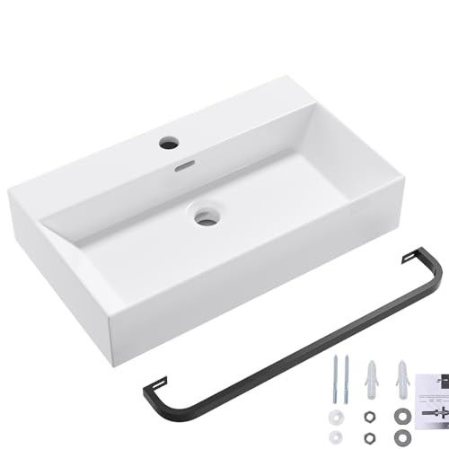 Wall Mount Rectangular Vessel Sink with Towel Rack, QISHKA 24"x14" Modern Ceramic Bathroom Floating Sink, White Rectangle Vanity Sink with Overflow, Wall Hung Wash Hand Basin - size: 24" x 14.2" x 5.1"