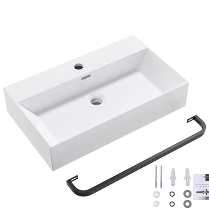Wall Mount Rectangular Vessel Sink with Towel Rack, QISHKA 24"x14" Modern Ceramic Bathroom Floating Sink, White Rectangle Vanity Sink with Overflow, Wall Hung Wash Hand Basin - size: 24" x 14.2" x 5.1"