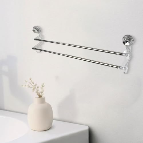 Adjustable Suction Cup Double Towel Bar Holder with 19-31 Inch Extendable Length, No Drilling Wall Mount for Shower Bathroom or Kitchen, Rack for Towels Washcloths and Accessories(Transparent)