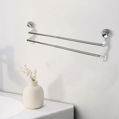 Adjustable Suction Cup Double Towel Bar Holder with 19-31 Inch Extendable Length, No Drilling Wall Mount for Shower Bathroom or Kitchen, Rack for Towels Washcloths and Accessories(Transparent)