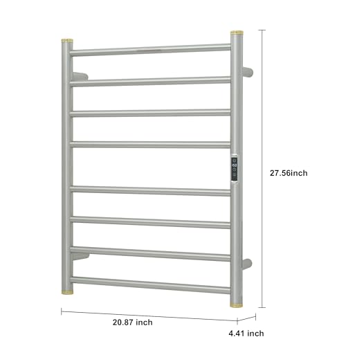 Electric Towel Warmer Rack,Heating Towel Warmer,Timer & Temperature Control,Wall-Mounted Plug-in for Bathroom,Brushed,Stainless Steel,8-Bar(27.56x20.87x4.41in) - color: Round-matte Brushed With Gold Top, size: 8 Bars
