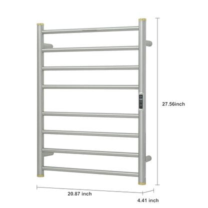 Electric Towel Warmer Rack,Heating Towel Warmer,Timer & Temperature Control,Wall-Mounted Plug-in for Bathroom,Brushed,Stainless Steel,8-Bar(27.56x20.87x4.41in) - color: Round-matte Brushed With Gold Top, size: 8 Bars