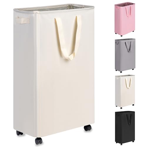 Slim Laundry Hamper with Wheels, Rolling Laundry Basket for Clothes, Small Laundry Basket for Bedroom, Dorm and Laundry Room, 75L (19.8 Gallons) Beige - color: Beige, size: 75L