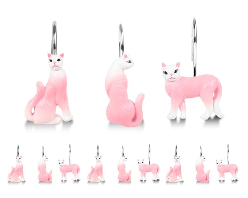 Pink Cat Shower Curtain Hooks Set of 12, Hand-Painted Resin Cat Shower Hooks with Rust-Resistant Metal Rings, Cute Bathroom Accessories - color: Pink