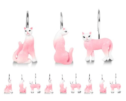 Pink Cat Shower Curtain Hooks Set of 12, Hand-Painted Resin Cat Shower Hooks with Rust-Resistant Metal Rings, Cute Bathroom Accessories - color: Pink