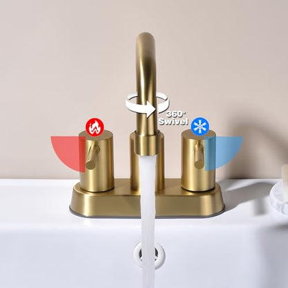 Brushed Gold 4 Inch Centerset Bathroom Faucet 2 or 3 Hole | Stainless Steel 2 Handle Gold Bathroom Sink Faucet for Bathroom, Restroom, Vanity, Rv - color: Brushed Gold