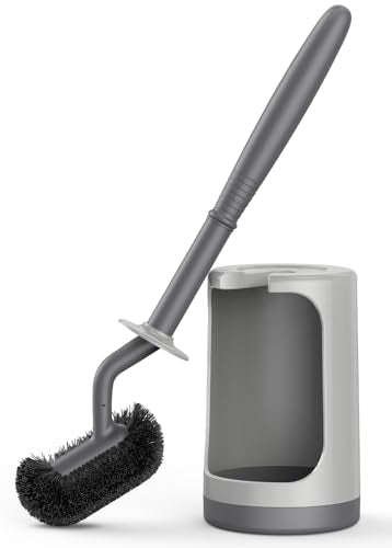 HAMITOR Toilet Bowl Brush Holder Set: Curved Design with Holder for Deep Cleaning Under Rim - Compact Hidden Scrubber for Small Space - Modern RV Bathroom Accessories - Gray - color: Gray