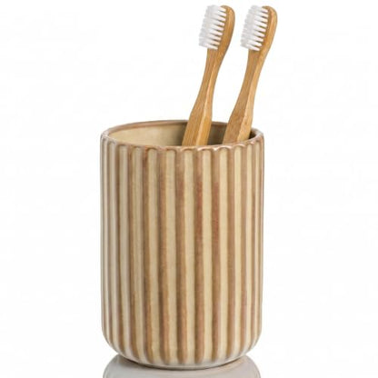 Beige Ceramic Toothbrush Holder Cup | Striped Modern Farmhouse Bathroom Organizer Toothpaste Cup & Makeup Brush Tumbler - color: Beige