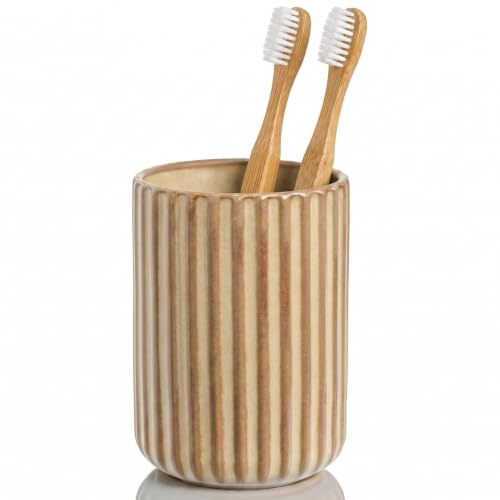 Beige Ceramic Toothbrush Holder Cup | Striped Modern Farmhouse Bathroom Organizer Toothpaste Cup & Makeup Brush Tumbler - color: Beige
