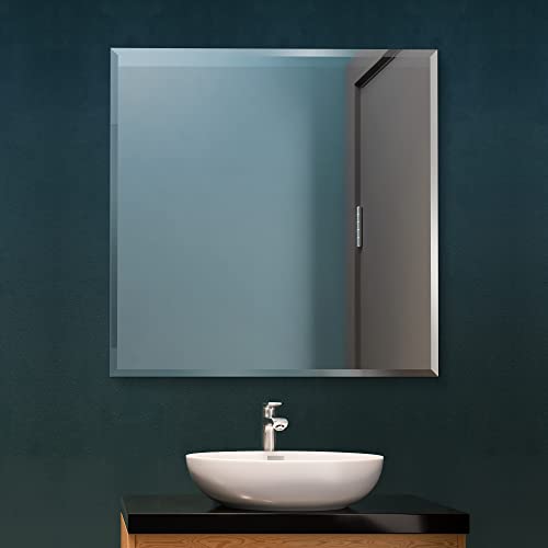 36 Inch Square Frameless Bathroom Vanity Mirror with Beveled Edge - Shatterproof Wall Mounted Decorative Glass with Safety Backing for Living Room Bedroom Hallway Entryway - Fab Glass and Mirror - size: 36"L x 36"W, style: Square