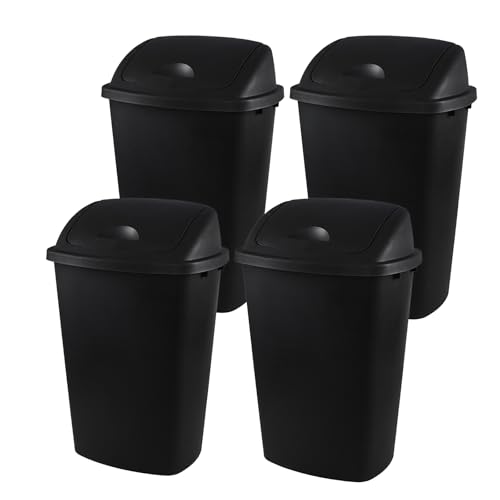 13 Gallon Swing-Top Trash Can, 4-Pack | Black Waste Basket Set, Commercial Garbage Bin for Kitchen, Garage, Outdoor, School, Fits 13 Gal Liners - size: 13 Gallon