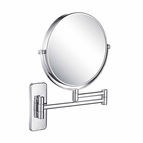 Circular Wall Mount Makeup Mirror, Dual-Sided 1x/5x Magnifying Mirror with Extendable Arm, 360° Swivel, Solid Brass Construction for Durability and Style (Chrome, KMM100) - color: Chrome