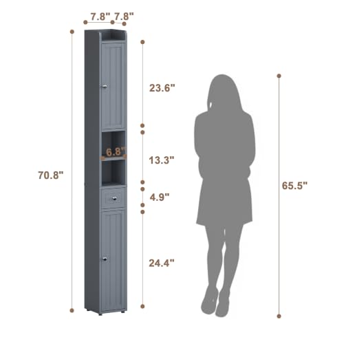 ChooChoo Narrow Bathroom Storage Cabinet with Adjustable Shelves and Drawer | Tall Slim Storage Cabinet, Freestanding Cupboard for Small Spaces, Grey