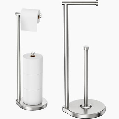 theaoo Heavy-Duty Toilet Paper Holder Stand, Bathroom Storage, Silver | Freestanding Toilet Tissue Paper Roll Holder with Reserve Storage. Stainless Steel Stand For Bathroom, Holds Extra Rolls - color: Silver