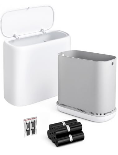Small Bathroom Trash Can with Lid, Dog Proof Slim Press Top Garbage Can, White Plastic Narrow Waste Basket, for Bathroom Bedroom Office 3.1 Gal with 5 Rolls 75 Trash Bags