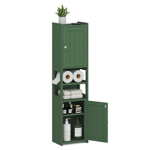 Small Bathroom Storage Cabinet 39"H Narrow Corner Floor Cabinet, Green | Slim Skinny Design for Kitchen Living Room fits Tight Spaces, Moisture-resistant MDF, with Reversible Door, Adjustable Shelf - color: Green