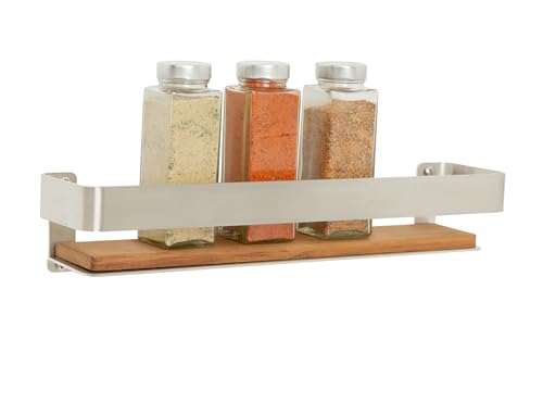 Seachrome Rectangular Shower Shelf with Rail in a Polished Finish and Natural Teak Wood Insert - color: Polished