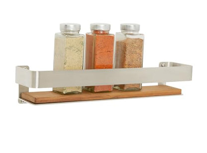 Seachrome Rectangular Shower Shelf with Rail in a Polished Finish and Natural Teak Wood Insert - color: Polished